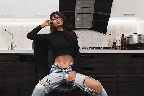 women's black long-sleeved crop top and distressed blue denim jeans, women, skinny, pants, torn jeans, sitting, looking at viewer, unbuttoned, HD wallpaper HD wallpaper