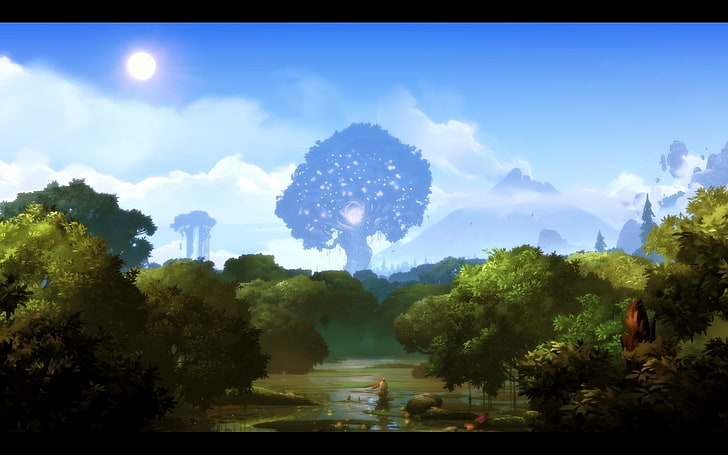 hutan, danau, Hutan Ori Dan Blind, Screen Shot, langit, matahari, Pohon, video game, Wallpaper HD