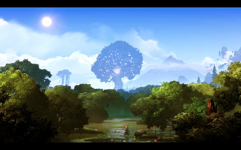 foresta, lago, Ori And The Blind Forest, schermata, cielo, sole, alberi, videogiochi, Sfondo HD HD wallpaper