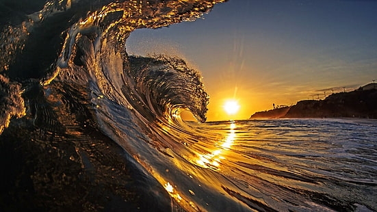 Sunset Surf, hawaii, beach, wave, ocean, sand, curl, dusk, down, island, breaker, surf, sunset, hawaiian, evening, HD wallpaper HD wallpaper