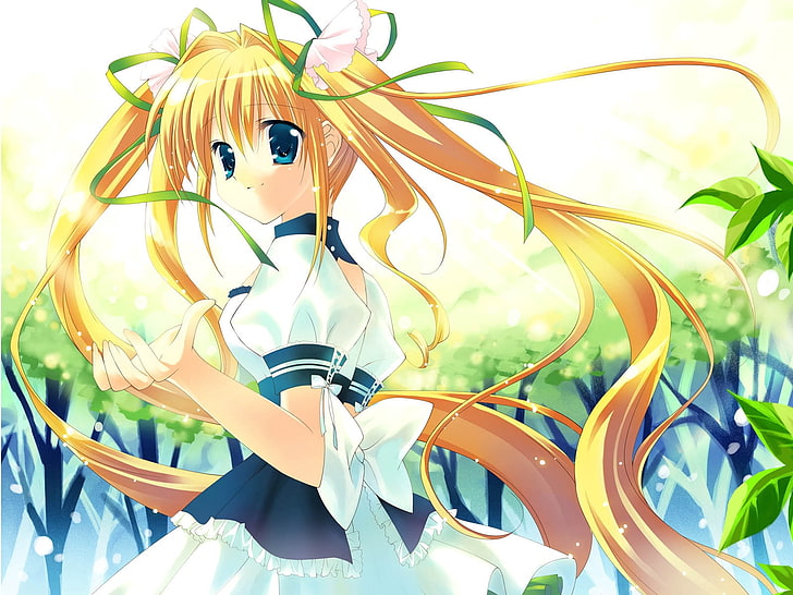 gelbhaarige weibliche Anime Charakter Wallpaper, Rei, Mädchen, Blondine, Kleid, Bäume, HD-Hintergrundbild