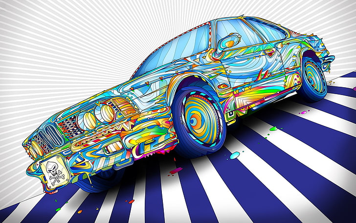 digital art, psychedelic, colorful, lines, car, BMW, wheels, paint splatter, skull and bones, artwork, Matei Apostolescu, HD wallpaper