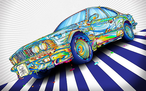 digital art, psychedelic, colorful, lines, car, BMW, wheels, paint splatter, skull and bones, artwork, Matei Apostolescu, HD wallpaper HD wallpaper