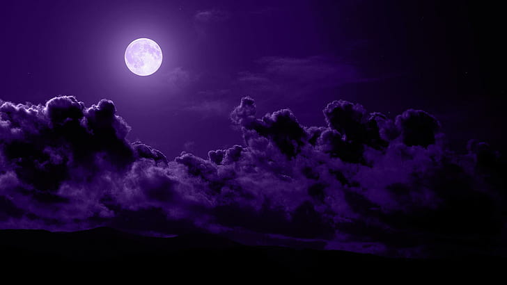Pleine lune pourpre ciel, violet, lune, silhouette, nuages, nature et paysages, Fond d'écran HD