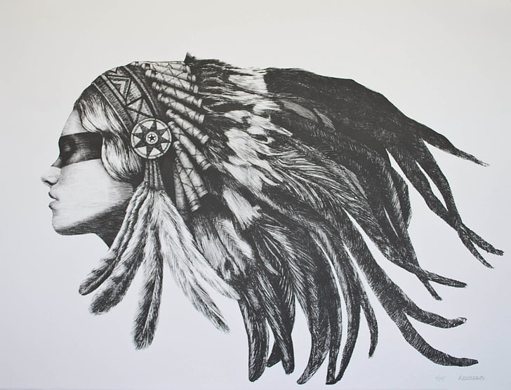 bosquejo de nativos americanos, niña, cara, plumas, pintura, tocado, Fondo de pantalla HD