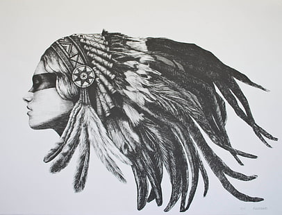 native american sketch, girl, face, feathers, paint, headdress, HD wallpaper HD wallpaper
