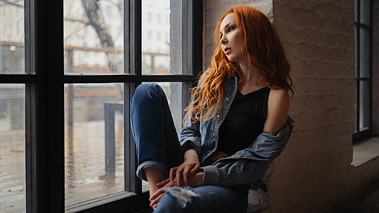 Сергей Дебел, жени, модел, прозорец, червенокоса, 500px, HD тапет HD wallpaper