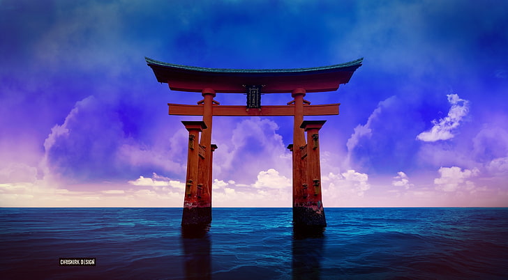 Torii, brun träbåge, Aero, Creative, torii, landskap, asien, japon, hd, havet, HD tapet