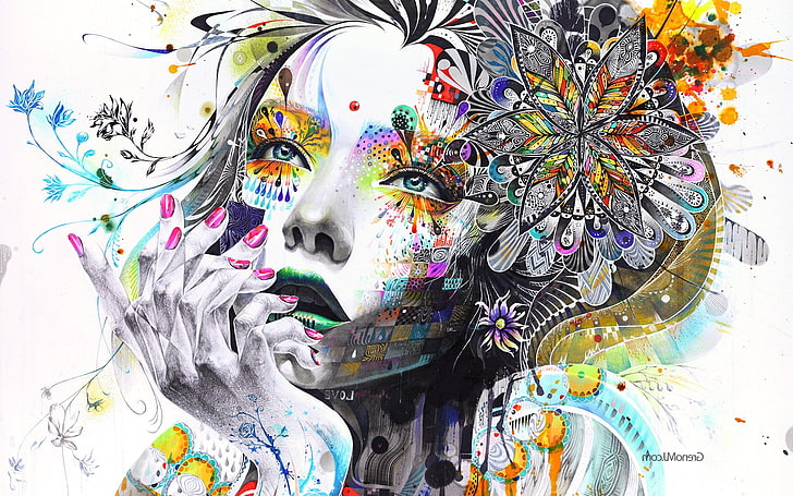 anime, artwork, Colorful, face, hand, Minjae Lee, mosaic, Paint Splatter, painting, Surreal, women, HD wallpaper