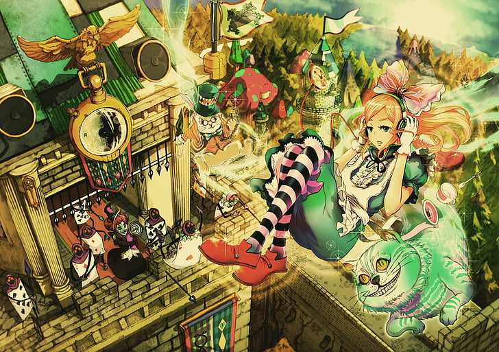 alice, anime, chesire, hearts, queen, rabbit, white, wonderland, HD wallpaper