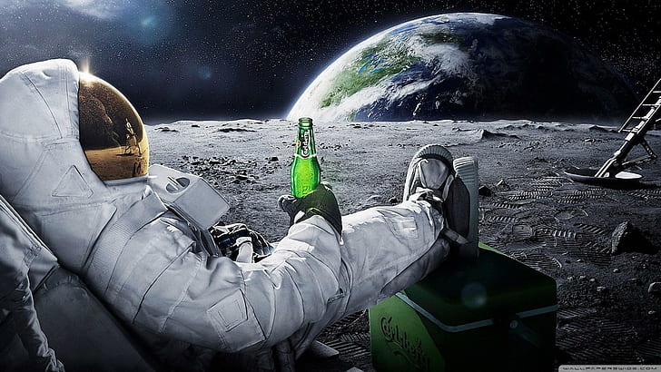 Can you believe they put beer on the moon, earth, funny, spaceman, moon, HD wallpaper