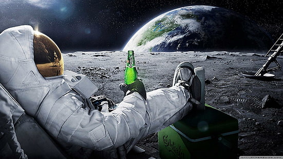 Kan du tro att de lägger öl på månen, jorden, rolig, rymdman, månen, HD tapet HD wallpaper