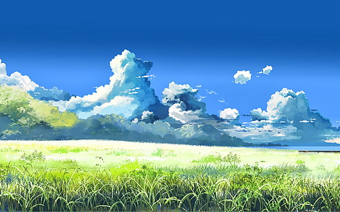 5 centimètres par seconde, oeuvre d'art, nuages, champ, paysage, Makoto Shinkai, Fond d'écran HD HD wallpaper