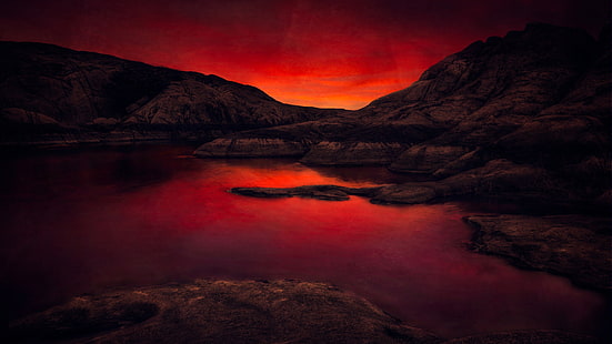 crepúsculo, noche, oscuridad, cielo rojo, reflexión, paisaje, rojo, naturaleza, cielo, resplandor crepuscular, lago, puesta de sol, horizonte, 5k uhd, 5k, Fondo de pantalla HD HD wallpaper