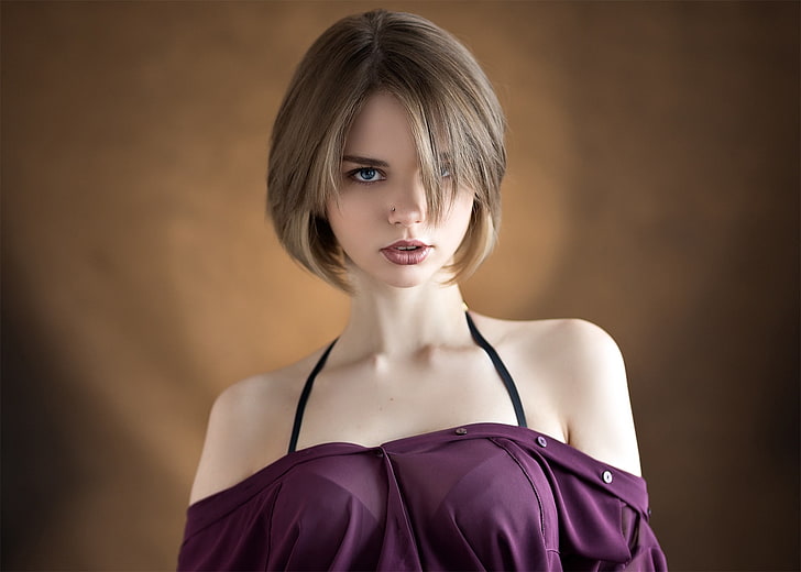 women's purple to, look, face, background, haircut, portrait, shoulders, Anastasia Yumashev, Eugene Sibirev, HD wallpaper