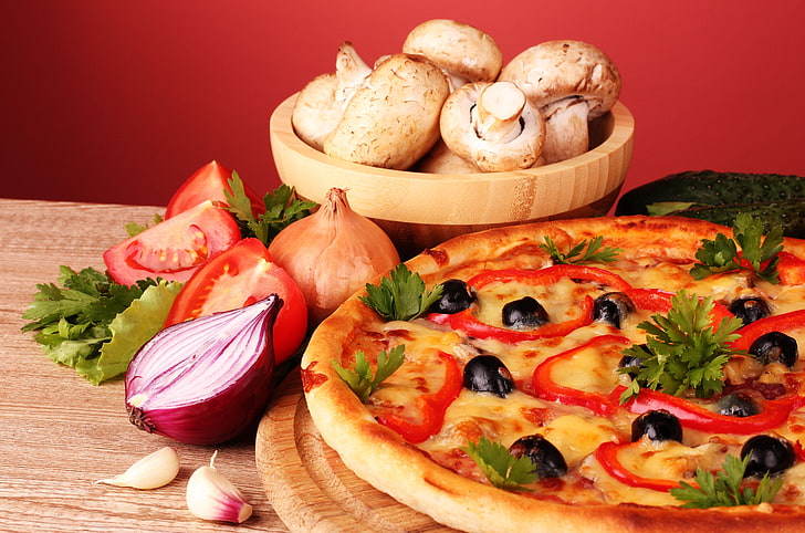 пицца пепперони, пицца, сыр, паприка, лук, помидор, компоненты, петрушка, HD обои
