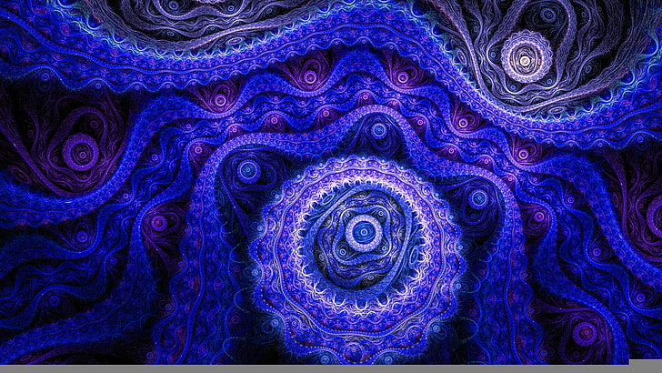 blue and black mandala illustration, abstract, blue, pattern, purple, dark, HD wallpaper