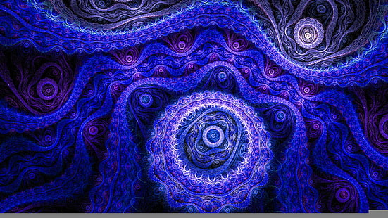 Ilustración de mandala azul y negro, abstracto, azul, patrón, púrpura, oscuro, Fondo de pantalla HD HD wallpaper
