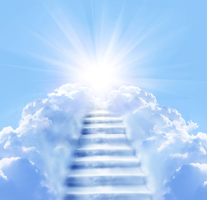 papel de parede escada para o céu, o céu, o sol, nuvens, raios, azul, escada, estágio, HD papel de parede