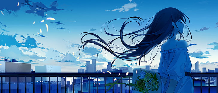 anime girl, brisa, plumas, azotea, paisaje urbano, nubes, flores, anime, Fondo de pantalla HD