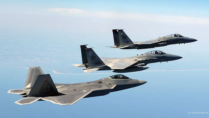 три сиви F-22 Raptors, военен самолет, самолет, небе, джетове, F22-Raptor, F-15 Eagle, военен, самолет, HD тапет