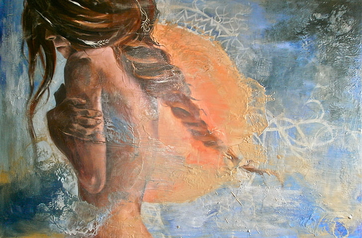målning av kvinna, flicka, solen, hår, rygg, bild, händer, målning, lång, fläta, HD tapet