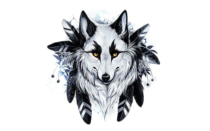 иллюстрация белого и серого волка, перья, волк, желтые глаза, HD обои