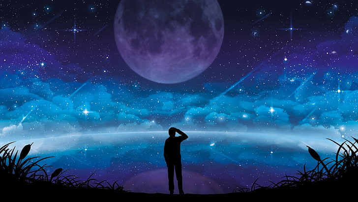 silueta del hombre, ilustración, estrellas, cielo, espacio, ilustraciones, Fondo de pantalla HD