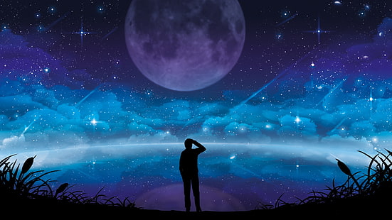 siluet manusia, ilustrasi, bintang, langit, ruang, karya seni, Wallpaper HD HD wallpaper