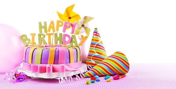pastel cubierto de hielo morado y amarillo, velas, pastel, dulce, decoración, feliz, cumpleaños, Fondo de pantalla HD HD wallpaper