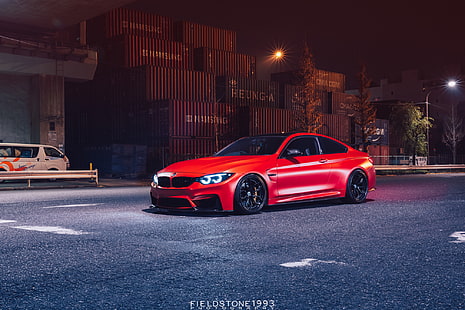 car, vehicle, red cars, BMW M4, BMW, street, outdoors, night, HD wallpaper HD wallpaper