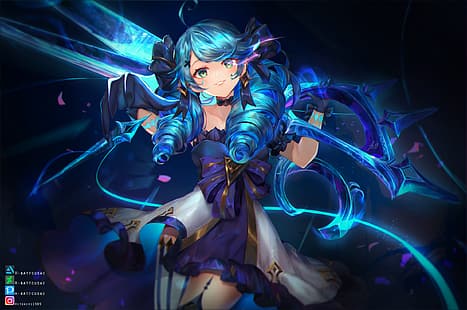 Anime Girls, League of Legends, Gwen (League of Legends), lächelnd, Kleid, blaues Haar, Oberschenkelstrümpfe, HD-Hintergrundbild HD wallpaper
