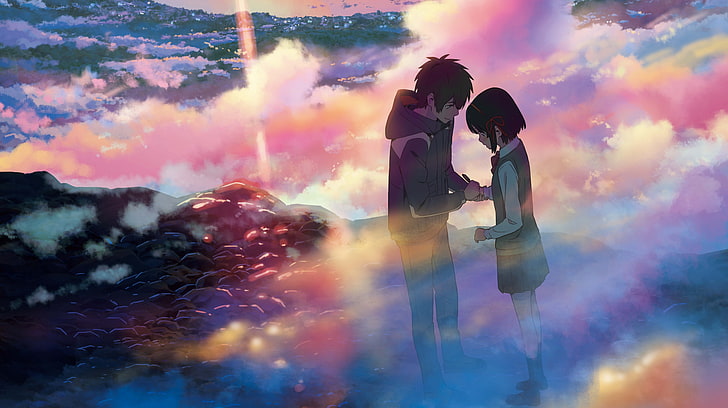boy and girl holding hands standing on rock wallpaper, Your Name anime wallpaper, Kimi no Na Wa, HD wallpaper