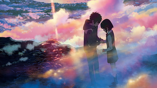 Мальчик и девочка, держась за руки стоя на каменных обоях, аниме обои Твое имя, Кими но на ва, HD обои HD wallpaper