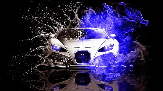 bugatti, llama, bugatti veyron, agua, humo, espejo, auto deportivo, luz, yin yang, efectos especiales, azul eléctrico, oscuridad, arte, Fondo de pantalla HD HD wallpaper