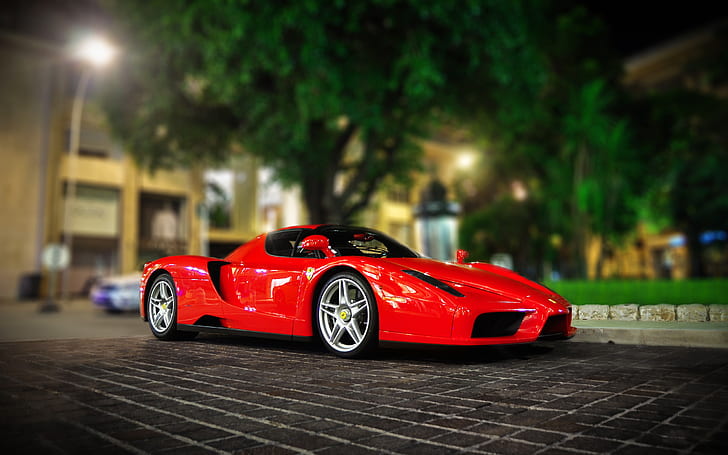 Enzo Ferrari, mobil merah, Ferrari, lampu, bokeh, kendaraan, Wallpaper HD