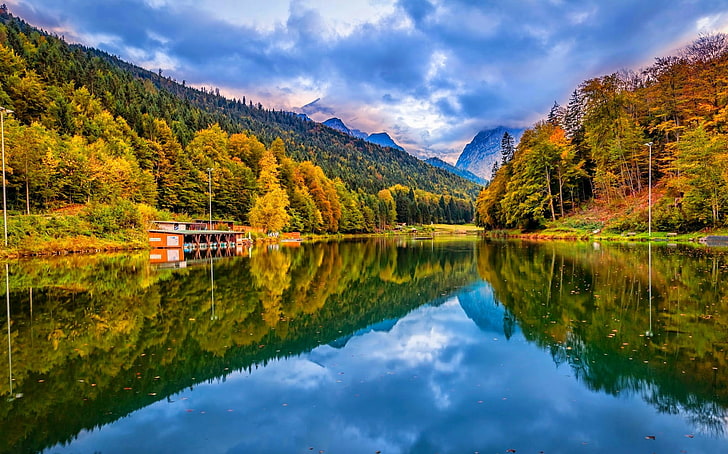 see, beschaffenheit, wald, landschaft, berge, fall, spiegelung, water, wolken, HD-Hintergrundbild