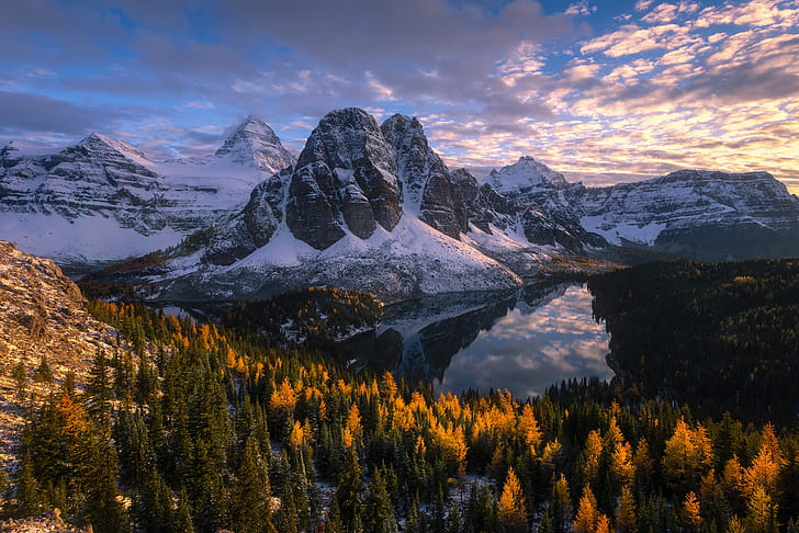 autumn, forest, mountains, lake, Canada, British Columbia, Mount Assiniboine, Canadian Rockies, Cerulean Lake, Lake Cerulean, HD wallpaper