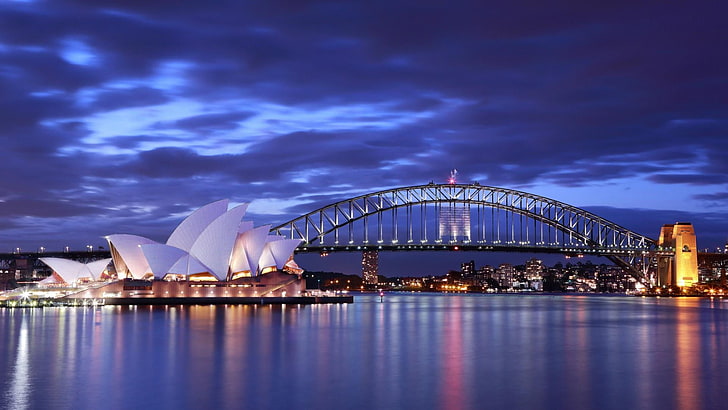Harbour Bridge, punto di riferimento, paesaggio urbano, struttura, Australia, cielo, ponte, architettura, notte, città, teatro dell'opera, Sydney, area metropolitana, attrazione turistica, crepuscolo, Sfondo HD