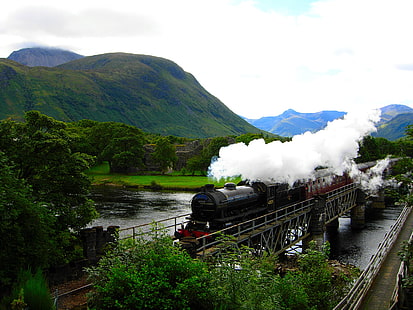 black and maroon train, mountains, river, train, Hogwarts Express, HD wallpaper HD wallpaper