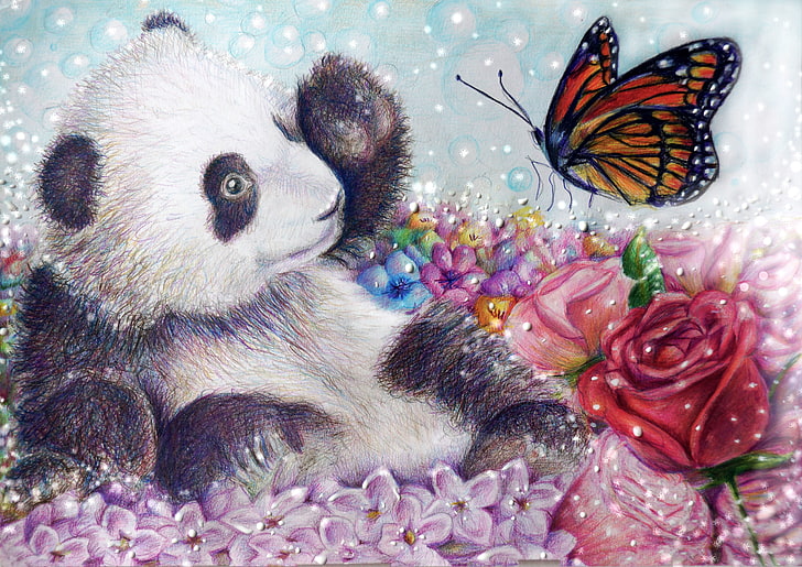 panda blanc et noir et peinture de papillon brun, fleurs, papillon, rose, ours, art, Panda, Fond d'écran HD