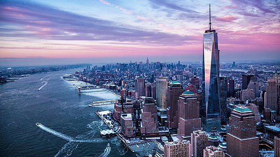 дневное время, пурпурное небо, сша, сша, нью-йорк, один всемирный торговый центр, башня, горизонт, башенный блок, аэрофотосъемка, столичная зона, небо, ориентир, мегаполис, горизонт, небоскреб, вид с воздуха, городской пейзаж, город, HD обои HD wallpaper