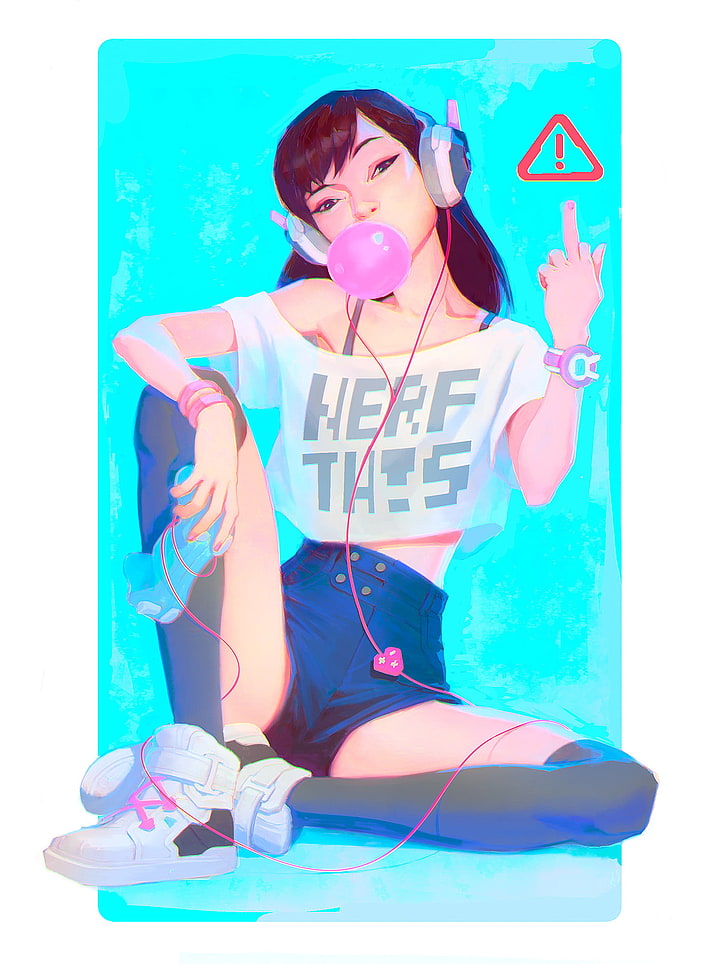 brown-haired female wearing white crop top and blue shorts blowing bubble gum illustration, Overwatch, D.Va (Overwatch), Jason Chan, HD wallpaper