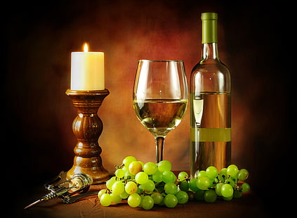 bottle, candles, food, grapes, photo, stemware, still-life, wine, HD wallpaper HD wallpaper