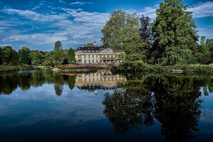pohon, danau, kolam, Taman, refleksi, Jerman, Istana, Istana Varlar, Rosendahl, Istana Are, Roosendaal, Wallpaper HD