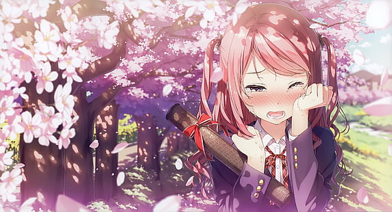Rumieniec, kwiat wiśni, śliczna anime płacząca, kokardy do włosów, Kantoku, Kurumi (Kantoku), długie włosy, płatki, różowe oczy, różowe włosy, mundurek szkolny, łzy, drzewa, Tapety HD HD wallpaper