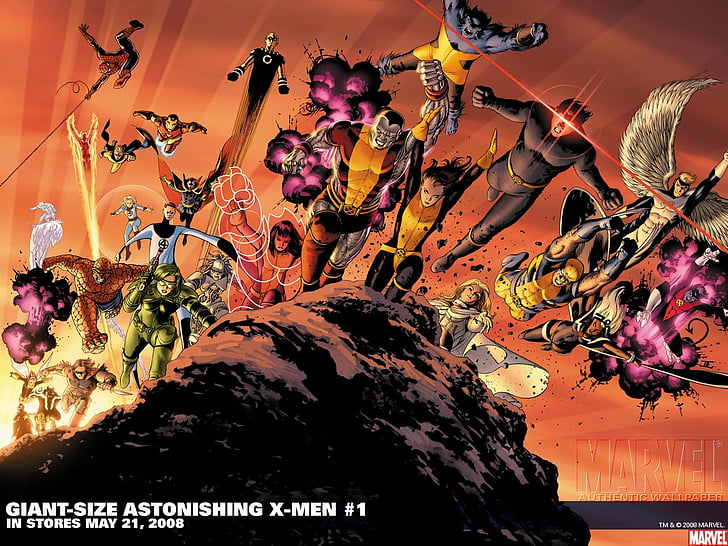 X-Men, Riesengröße Erstaunliche X-Men, Bestie (Marvel-Comics), Koloss, Zyklopen (Marvel-Comics), Doktor Strange, Emma Frost, Menschliche Fackel (Marvel-Comics), Unsichtbare Frau, Iron Man, Mister Fantastic, Nightcrawler (MarvelComics), Spider-Man, Thing (Wunder-Comics), Warren Worthington III, Wolverine, HD-Hintergrundbild