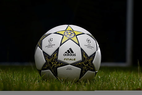 Balón de fútbol adidas blanco y negro, campo, césped, césped, fútbol, ​​balón, Champions League, Fondo de pantalla HD HD wallpaper