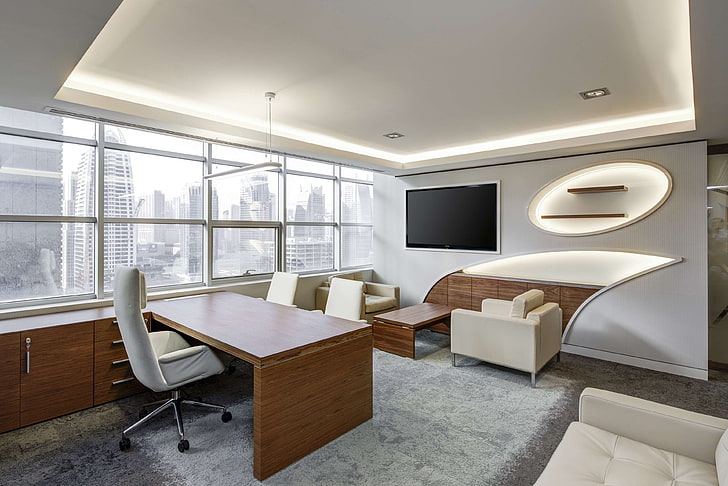 desk, furniture, interior design, office, window, workplace, workspace, HD wallpaper