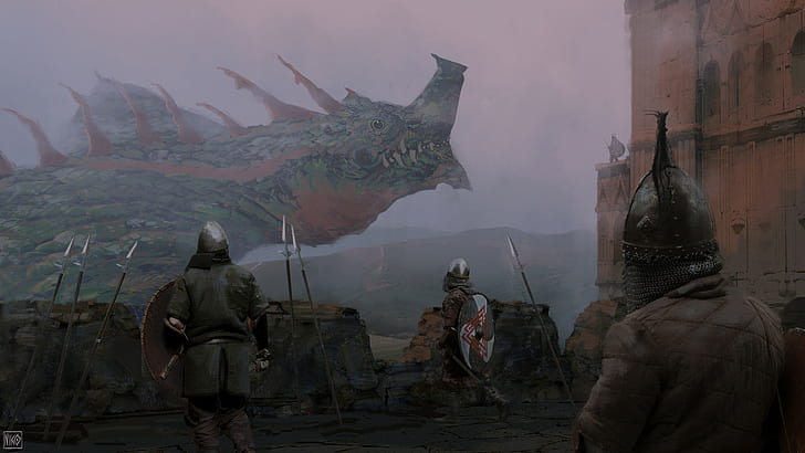 arte de fantasía, dragón, lanza, arma, escudo, castillo, guerrero, Fondo de pantalla HD